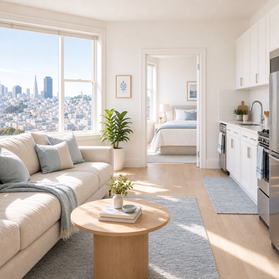 Bright apartment living room with a city view