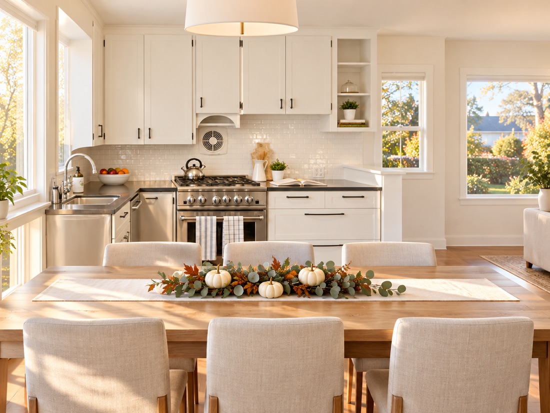 Sunlit kitchen and dining table set with a fall centerpiece