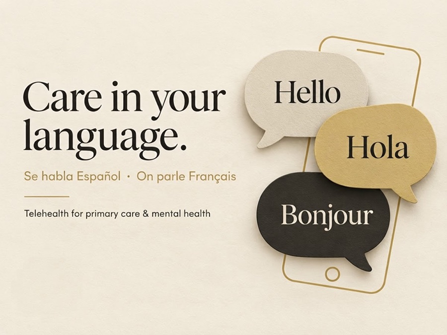Care in your language: speech bubbles reading Hello, Hola, and Bonjour