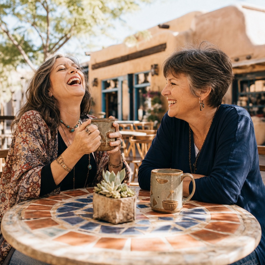 Two friends laughing over coffee at an outdoor cafe